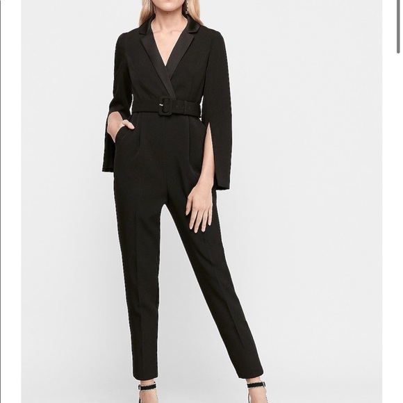 Express Pants - BELTED BLAZER JUMPSUIT IN PITCH BLACK